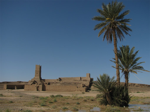Photograph of residence in the Sahara with two trees in the foreground