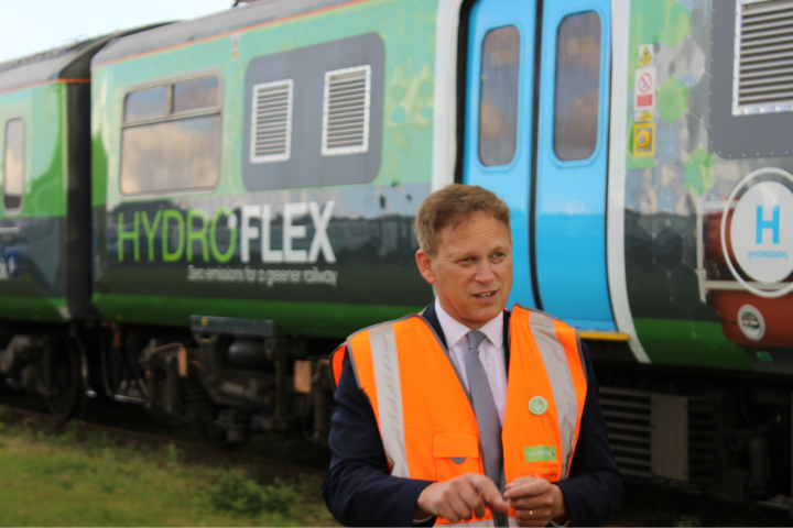 Transport Minister Grant Schapps standing in front of HYDROFlex train